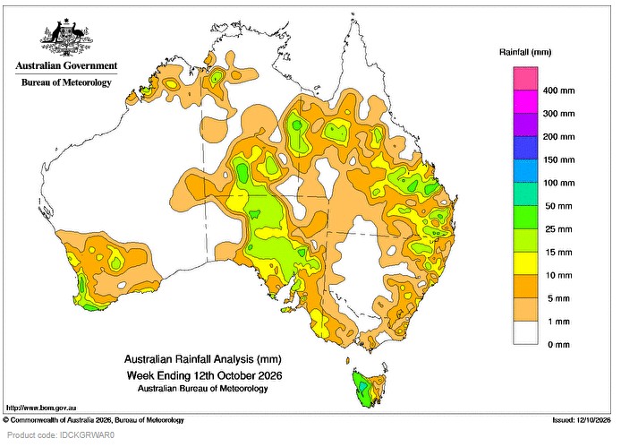 BOM weekly rainfall update 13 October 2026 + outlook map